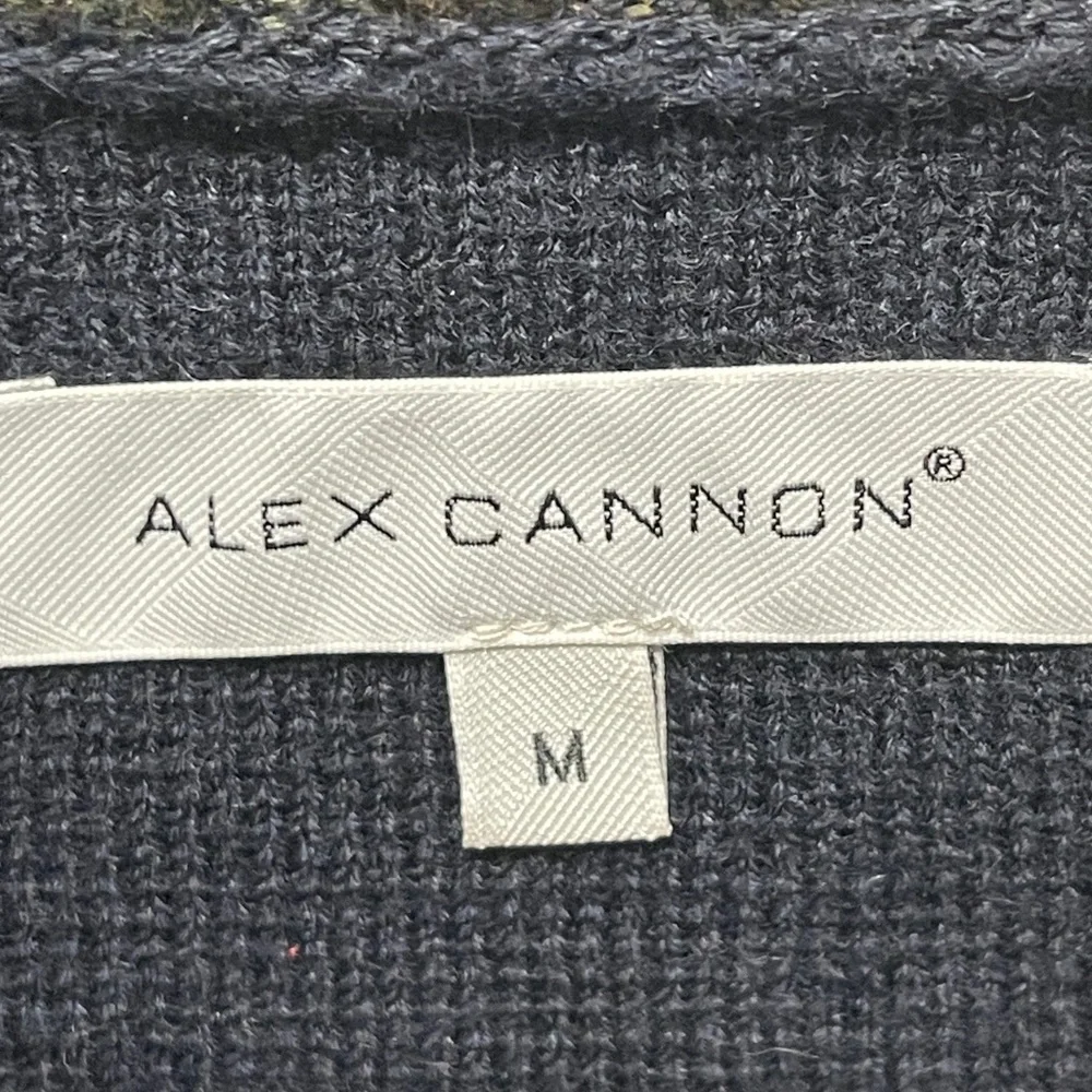 Alex Cannon 100% Cotton Knit Pull Over Navy Blue Sweater Brown Elbow Patches Med